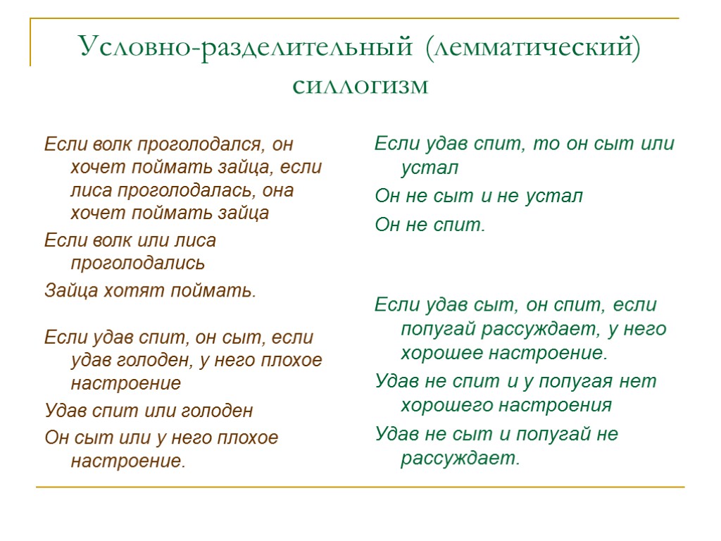 Условно-разделительный (лемматический) силлогизм Если волк проголодался, он хочет поймать зайца, если лиса проголодалась, она